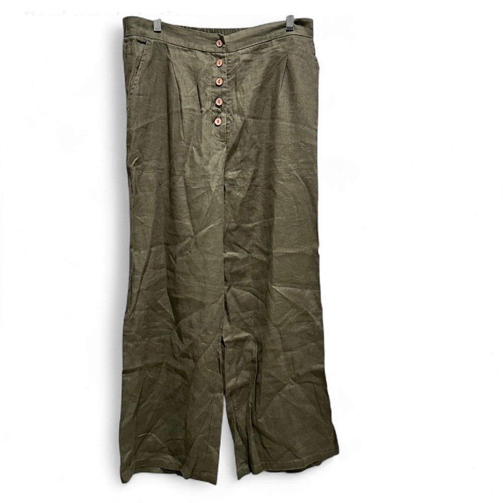 Grae Cove 100% Linen Thalia Button Fly Wide Leg‎ Palazzo Pants XL Green NWT - Picture 2 of 11